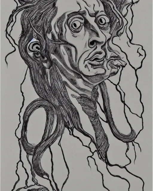 Image similar to portrait of a demon. Line drawing by Jean Cocteau. Pen and ink by Dali.