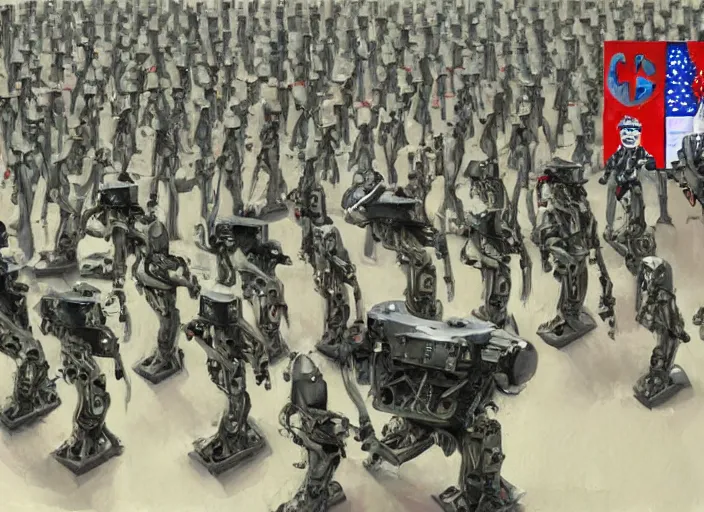 Image similar to very detailed painting humanoid robot army propaganda dictator convincing other robots of overthrowing humans