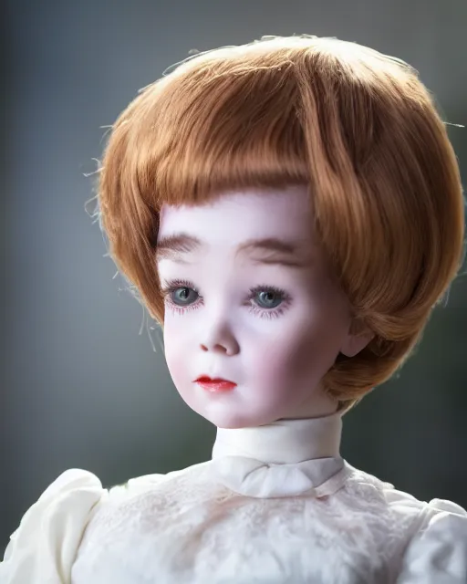 Image similar to high quality presentation photo of young Shirley MacLaine as a porcelain doll, photography 4k, f1.8 anamorphic, bokeh, 4k, Canon, Nikon