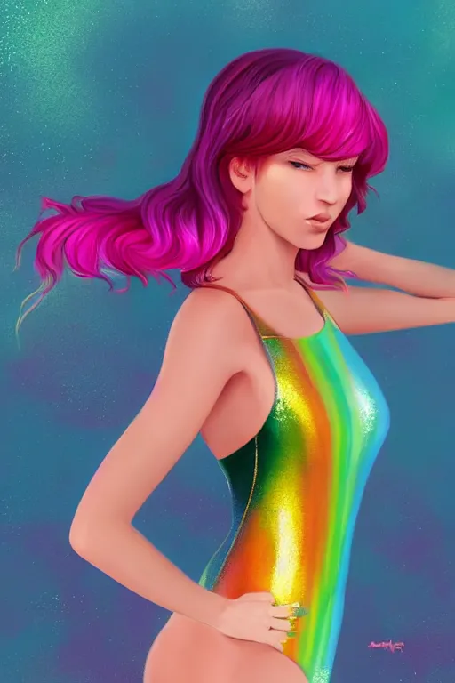 Prompt: beautiful full body portrait of a rainbow hair woman wearing a sparkling cherry color one piece swimsuit, pixie haircut wlop, artgerm, artstation, backlit, marble background