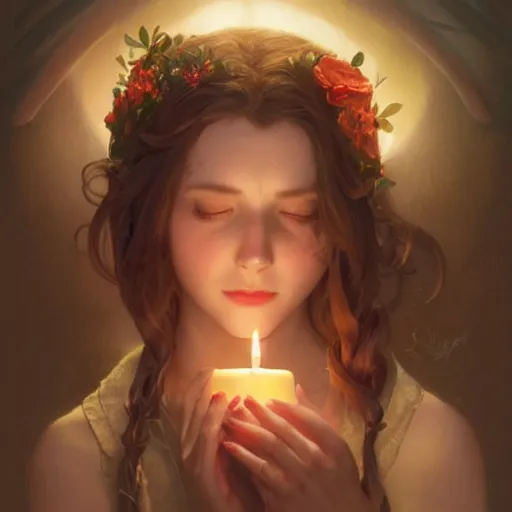 Image similar to girl in love, candle light, highly detailed, digital painting, cgsociety , concept art, sharp focus, illustration, art by artgerm and greg rutkowski and alphonse mucha