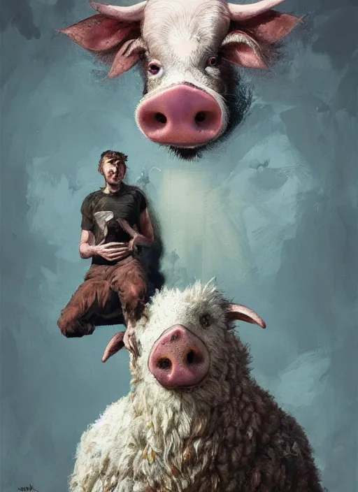 Prompt: a hyper detailed painting of an anthropomorphic joaquin phoenix, cow, pig, sheep, chicken, horror, by anna podedworna, by miklos ligeti, by diego maricato, by taran fiddler, by antonino truisi, by chris reddie, by jinsung lim, trending on artstation