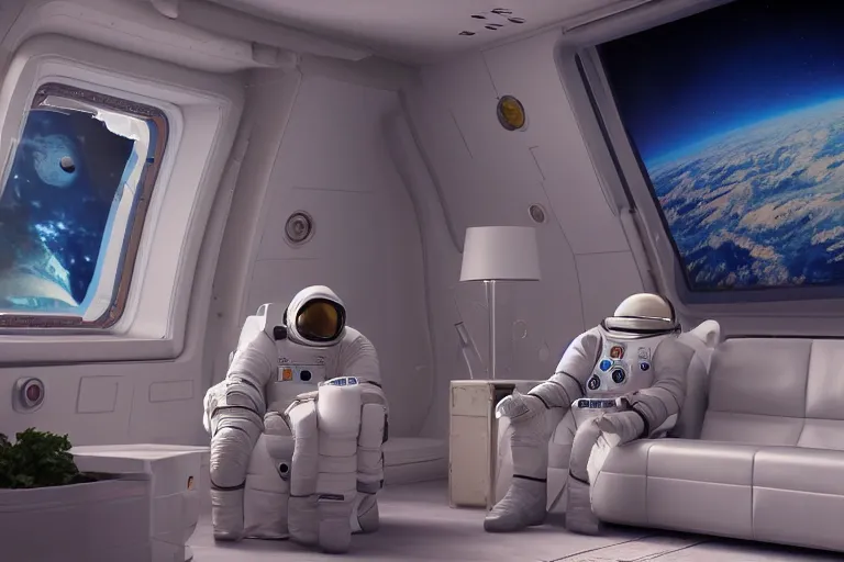 Prompt: photo realistic octane render of a living room in a space station with a sad astronaut looking out the window at earth