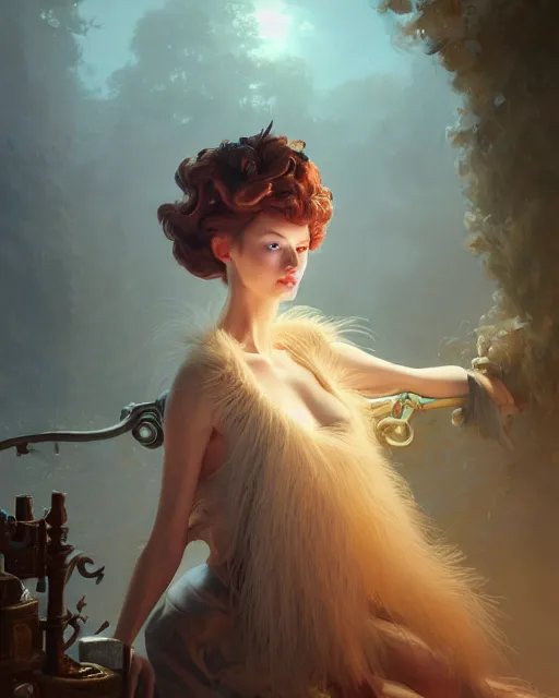 Prompt: of augean stables, aristocrat robe, ostrich feathers, imperil, beauty portrait, complex 3 d render by peter mohrbacher, wlop, ilya kuvshinov, thomas kinkade, victo ngai, sharp focus, unreal engine, octane, global illumination, highly detailed, intricate background, masterpiece, award winning, post processing