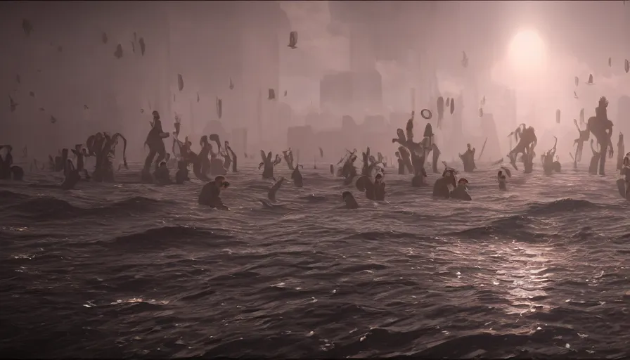 Image similar to limbus with a horde of office managers attacking the ocean unreal engine, hyper realism, realistic shading, cinematic composition, realistic render, octane render, detailed textures, photorealistic, wide shot