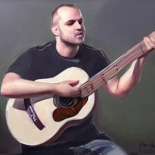 Prompt: andy mckee playing guitar, wonderful expressive portrait painting of youtube musician andy mckee doing his finger tap technique