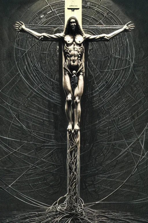 Image similar to full body shot of a cybernetic jesus on the cross, wires everywhere, cyberpunk art by beksinski and szukalski and giger and wlop and josan gonzalez, digital art, highly detailed, intricate, sharp focus, trending on artstation hq, deviantart, pinterest, unreal engine 5, 4 k uhd image