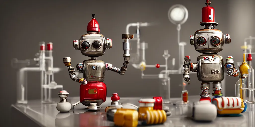 Prompt: closeup portrait of tin toy retro robot chef with vials in a chemical scientific lab cooking pastry cake, depth of field, zeiss lens, detailed, centered, fashion photoshoot, by nicoletta ceccoli, mark ryden, lostfish, breathtaking, 8 k resolution, extremely detailed, beautiful, establishing shot, artistic, hyperrealistic, octane render