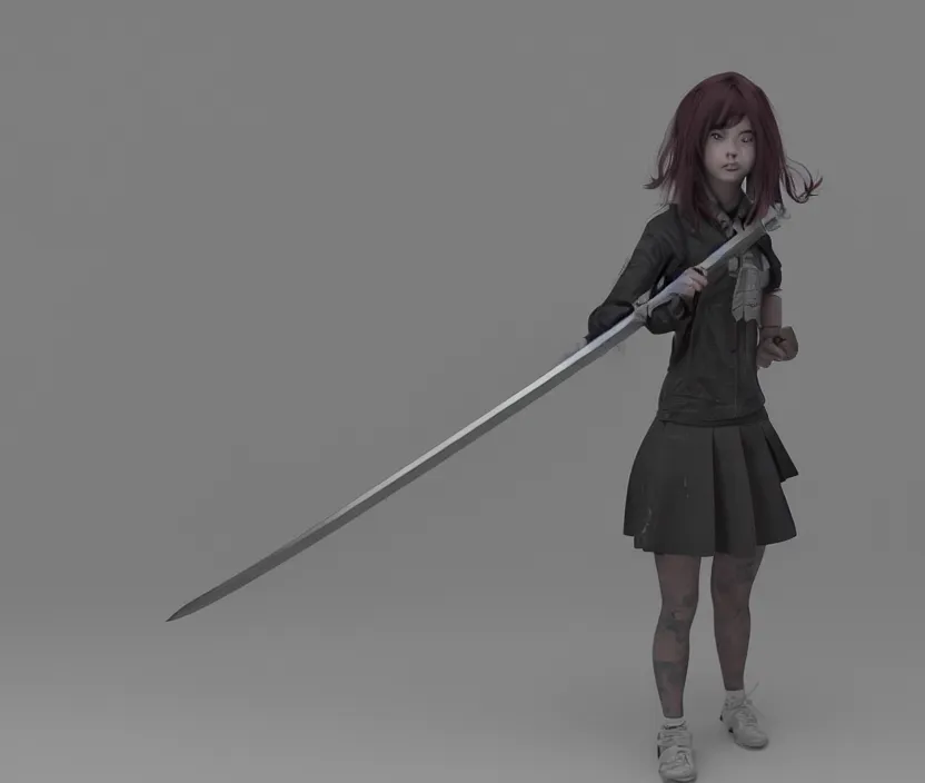 Image similar to School girl holding a katana and standing on an abandoned hospital room, gloomy and foggy atmosphere, octane render, artstation trending, horror scene, highly detailded