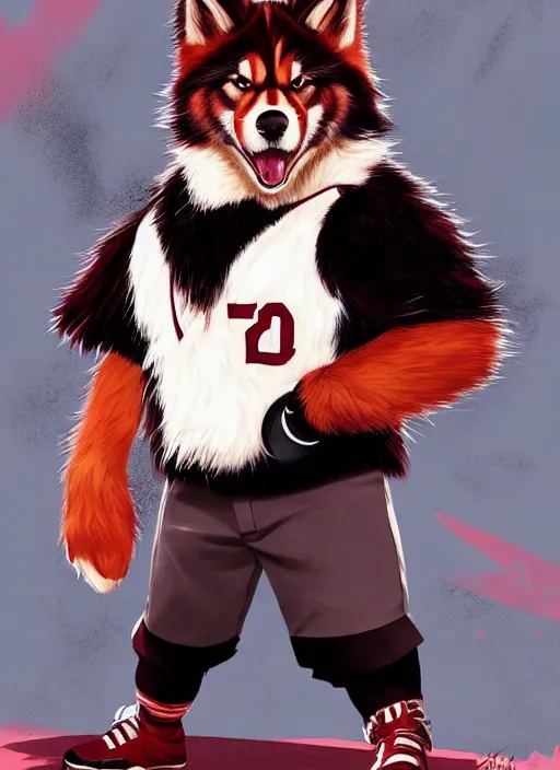 Image similar to commissioned full body portrait of a male anthro aslakan malamute with red fur playing baseball in a baseball stadium wearing a baseball uniform, by a professional manga illustrator, by Kilian Eng, by Sandra Chevrier, trending on artstation