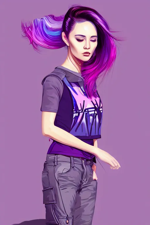 Image similar to a award winning half body portrait of a beautiful woman in a croptop and cargo pants with ombre purple pink teal hairstyle with head in motion and hair flying by wlop, outrun, vaporware, shaded flat illustration, digital art, trending on artstation, highly detailed, fine detail, intricate