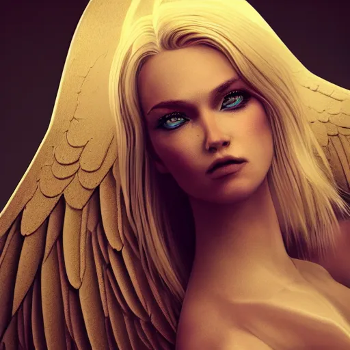 Prompt: very pretty blond female angel with large wings in a dark cave, perfect symmetrical face, shallow depth of field, moody lighting, single point of light, 8 k, concept art, in the style of martina fackova,