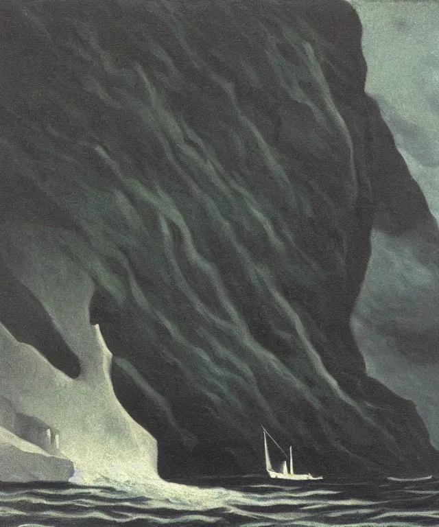 Image similar to photorealistic painting of a 1 9 2 5 seiner sailing near a short tropical cliff with the mouth of a sea cave at the waterline, dark, brooding, atmospheric, lovecraft, horror, smooth, epic, highly detailed, cinematic, lawren harris