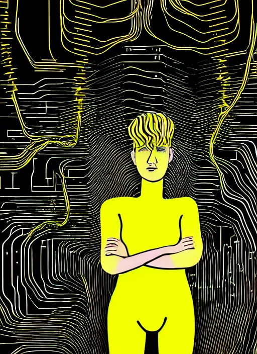 Prompt: highly detailed closeup portrait of wasteland wavy glowing yellow and white plasma hair cute happy tribal young lady, stray electric spark wiring by jean jullien, 4 k resolution, gradient yellow, black and white color scheme!!! ( ( dystopian city background ) )