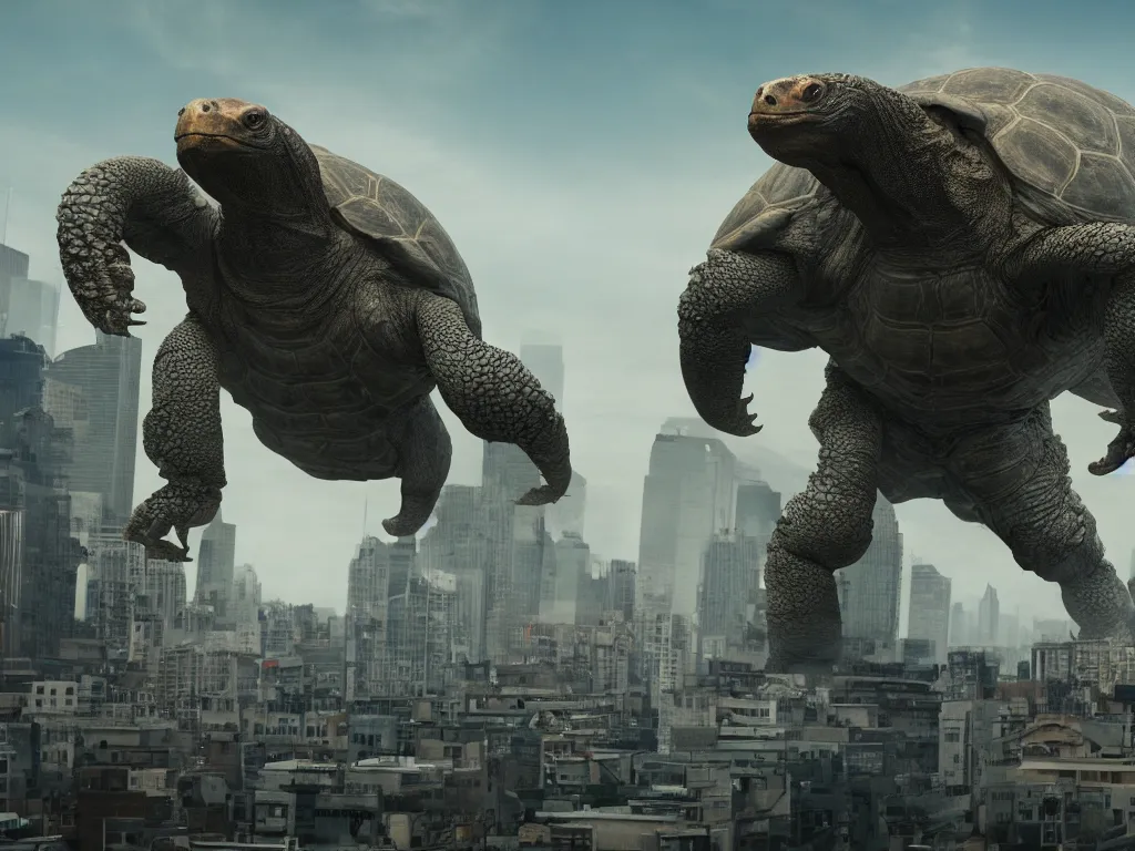 Image similar to Giant Tortoise Kaiju towering over a city as people run away, photo realistic, movie still, 4k, 8k, action film