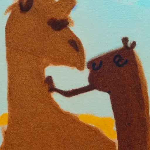 Image similar to Child drawing of camel sipping tea on the desert