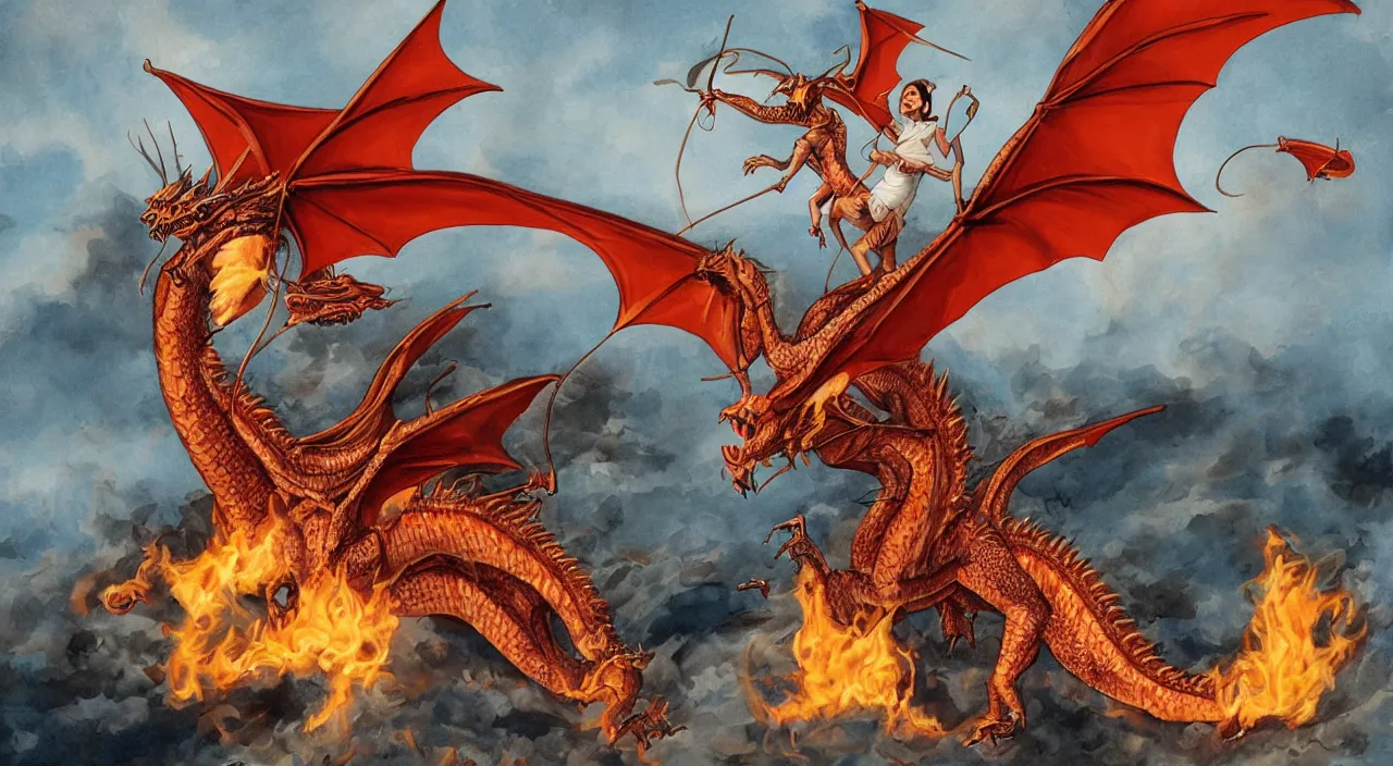 Image similar to nancy pelosi riding a fire - breathing flying dragon