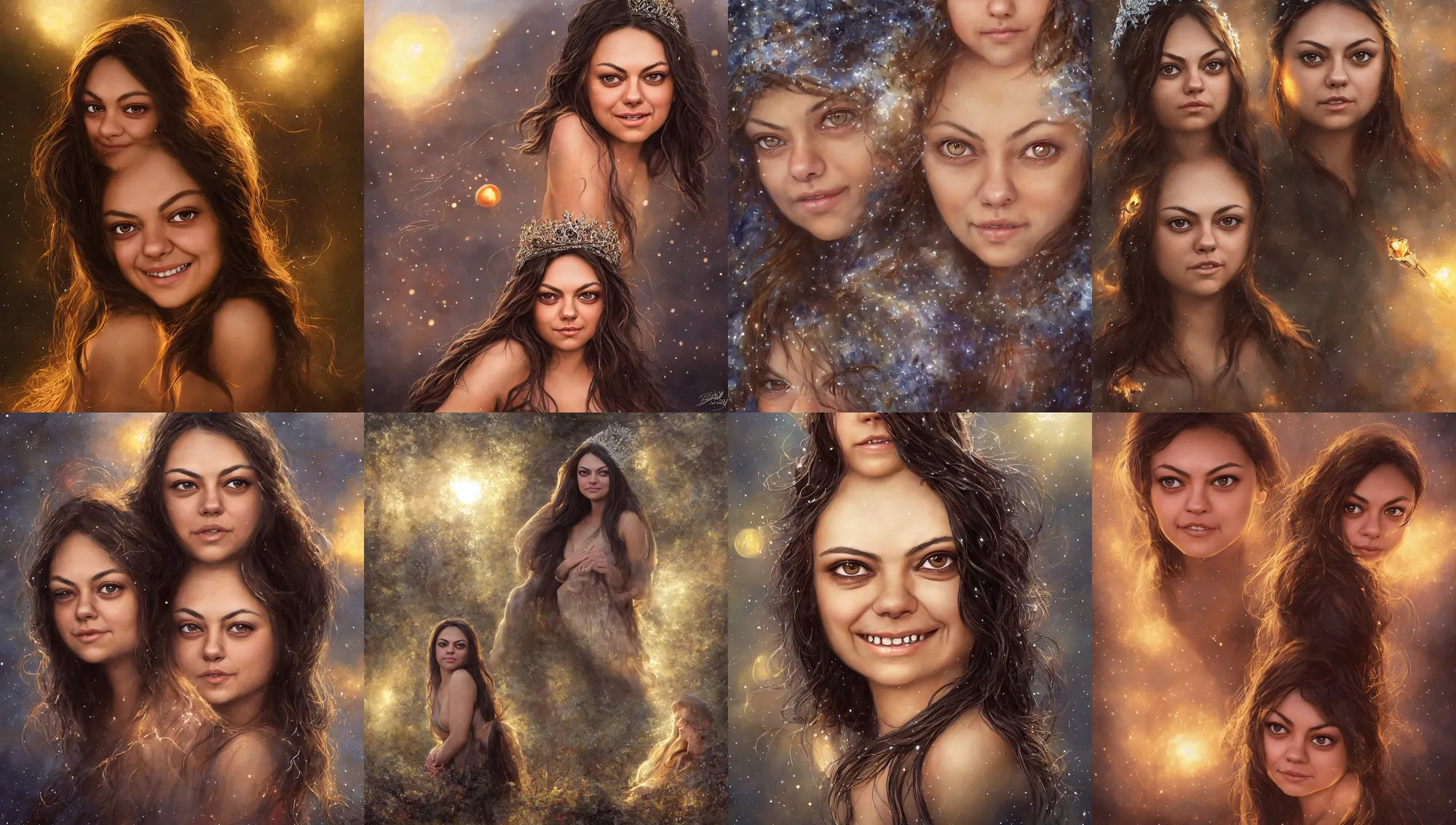 Image similar to big - eyed mila kunis winter princess smiling intensely into the camera, sundown golden hour firefly wisps, steve hanks, charlie bowater, mark brooks, steve henderson, justin gerard, mark keathley, victor nizovtsev, tom bagshaw, krenz cushart, ross tran, focal length : 2 0 0. 0 mm