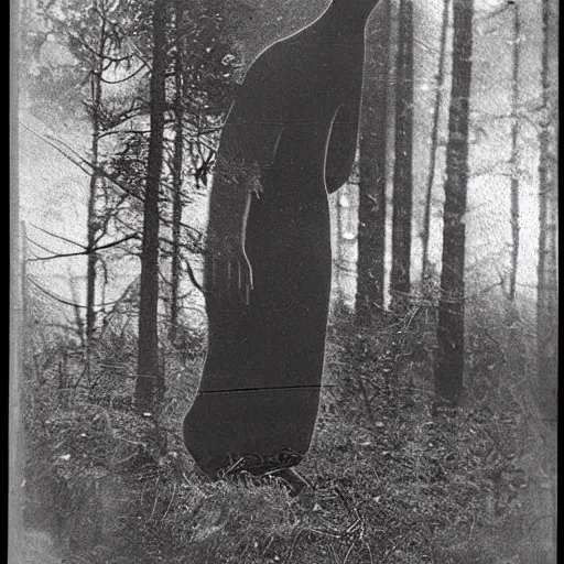 Image similar to scary unproportionally tall ghost creature in the woods, 1910s picture