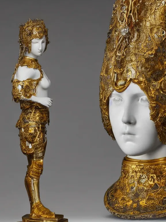 Image similar to a white art nouveau marble and gold head and torso sculpture of a worried young millie bobby brown with long, flowing hair, wearing intricate gold plate armor on her chest, delicate, intricate, smooth, beautiful, by charles van der stappen