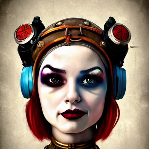 Image similar to lofi bioshock steampunk portrait of harley quinn cosplay, Pixar style, by Tristan Eaton Stanley Artgerm and Tom Bagshaw.