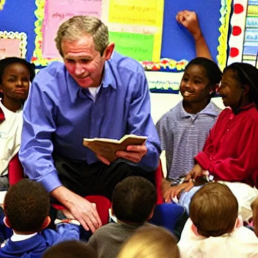 Image similar to “ george w bush reading to elementary school children with nothing bad happening whatsoever ”