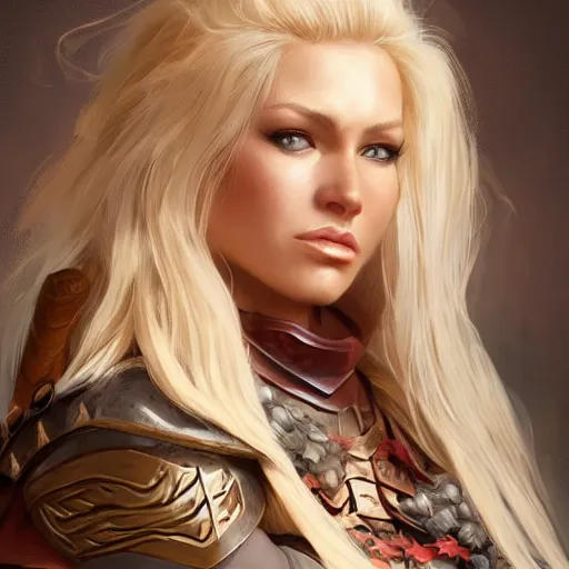 Prompt: fantasy portrait of a middle aged beautiful female barbarian warrior with blonde hair , made by Stanley Artgerm Lau, WLOP, Rossdraws, ArtStation, CGSociety, concept art, cgsociety, octane render, trending on artstation, artstationHD, artstationHQ, unreal engine, 4k, 8k,