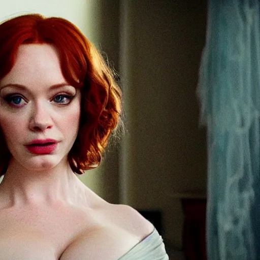 Image similar to a very surprised looking beautiful Christina Hendricks r in the living room, film still from the movie directed by Denis Villeneuve , wide lens