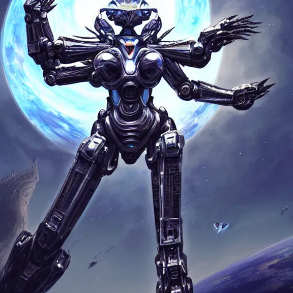 Image similar to giant stunning goddess shot, galactic sized beautiful hot anthropomorphic robot mecha female dragon, floating in space, larger than the planet, holding the earth in her hands, claws wrapped around earth, looming over earth, detailed sleek silver armor, sharp claws, epic proportions, epic scale, highly detailed digital art, sci fi, furry art, macro art, dragon art, goddess art, warframe fanart, destiny fanart, anthro, furry, giantess, macro, furaffinity, deviantart, 8k 3D realism