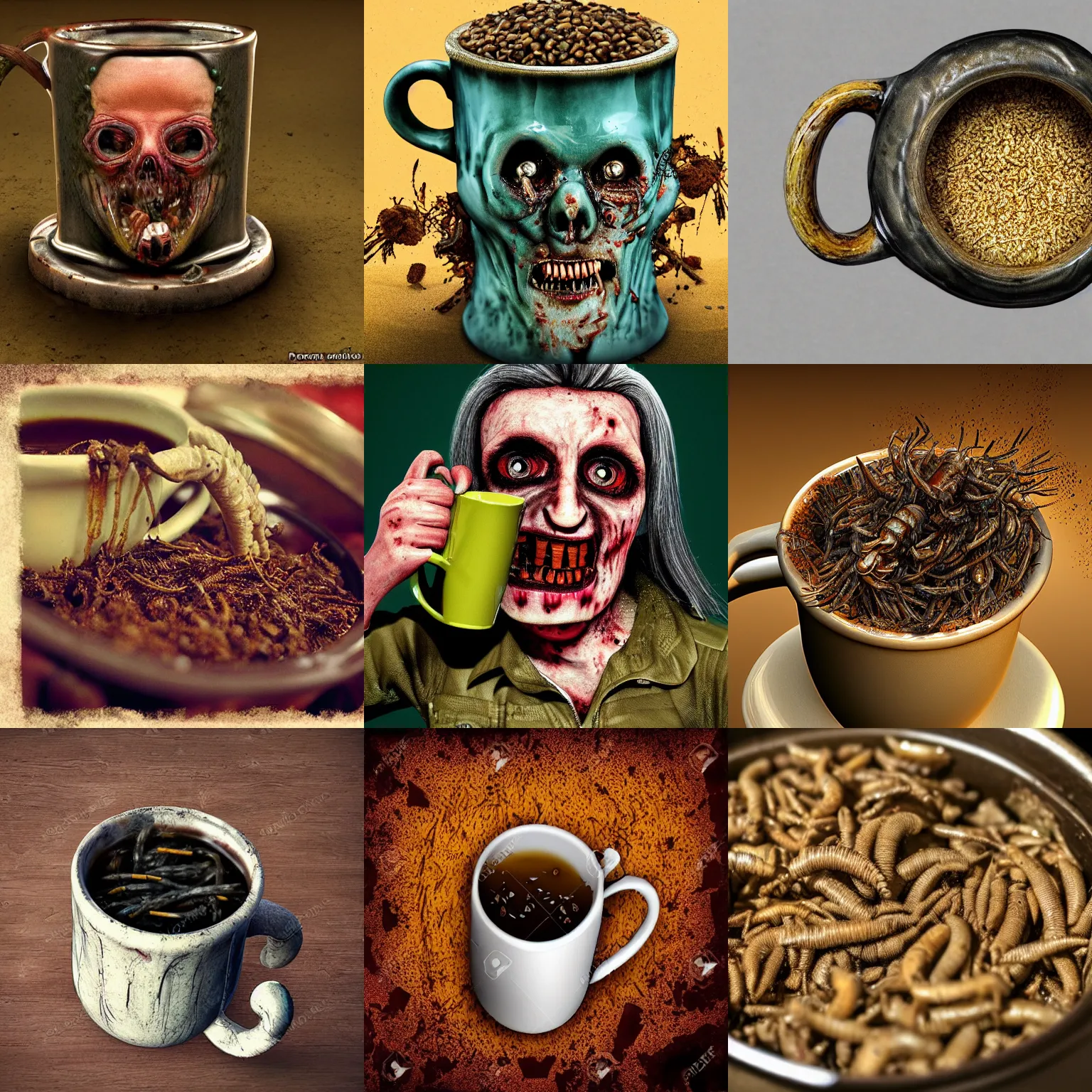 Prompt: mug of maggots, horror scene, detailed, photorealistic