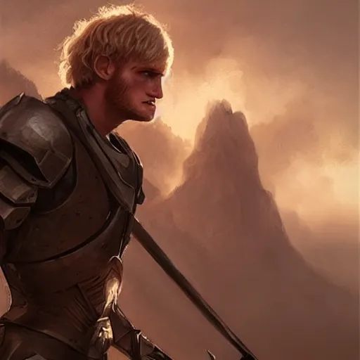 Image similar to Logan Paul With warrior armor , artstation, Greg rutkowski, cinematic, digital Art