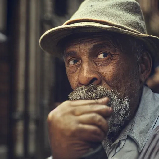 Prompt: closeup portrait of a man fishing in a smoky new york back street, by Annie Leibovitz and Steve McCurry, natural light, detailed face, CANON Eos C300, ƒ1.8, 35mm, 8K, medium-format print