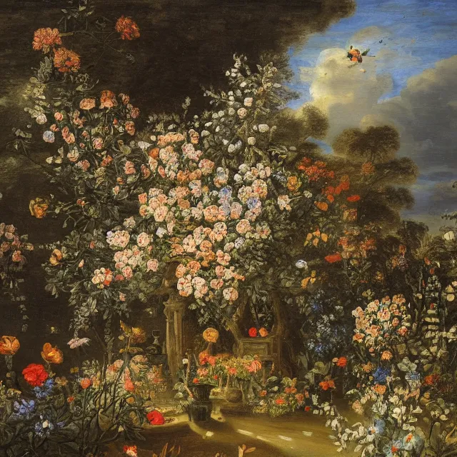 Image similar to a painting of flowers in a garden at night, a flemish baroque by jan van kessel the younger, intricate high detail masterpiece