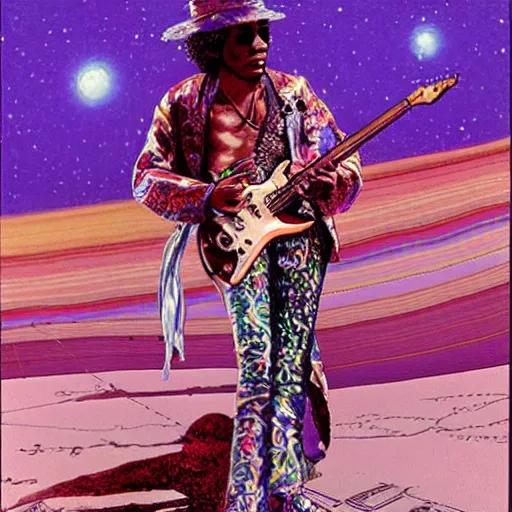 Image similar to Jimi Hendrix sitting on the rings of Saturn playing \'Purple Haze\' on his electric guitar by Moebius