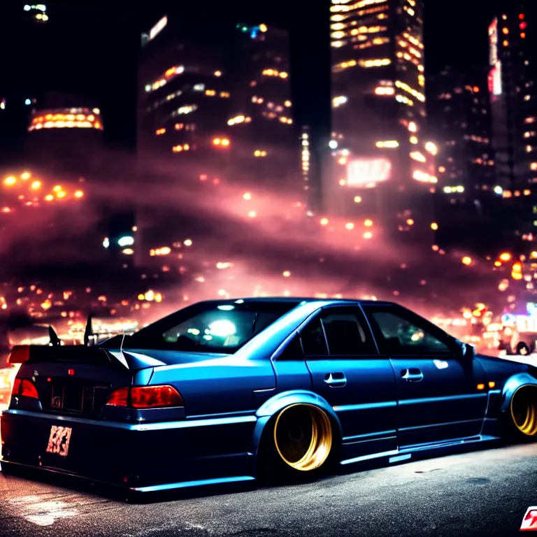 Image similar to a car JZX100 twin turbo drift at illegal car meet, Shibuya prefecture, city midnight mist lights, cinematic lighting, photorealistic, highly detailed wheels, high detail