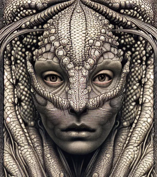 Image similar to detailed realistic beautiful lizard goddess face portrait by jean delville, gustave dore, iris van herpen and marco mazzoni, art forms of nature by ernst haeckel, art nouveau, symbolist, visionary, gothic, neo - gothic, pre - raphaelite, fractal lace, intricate alien botanicals, ai biodiversity, surreality, hyperdetailed ultrasharp octane render