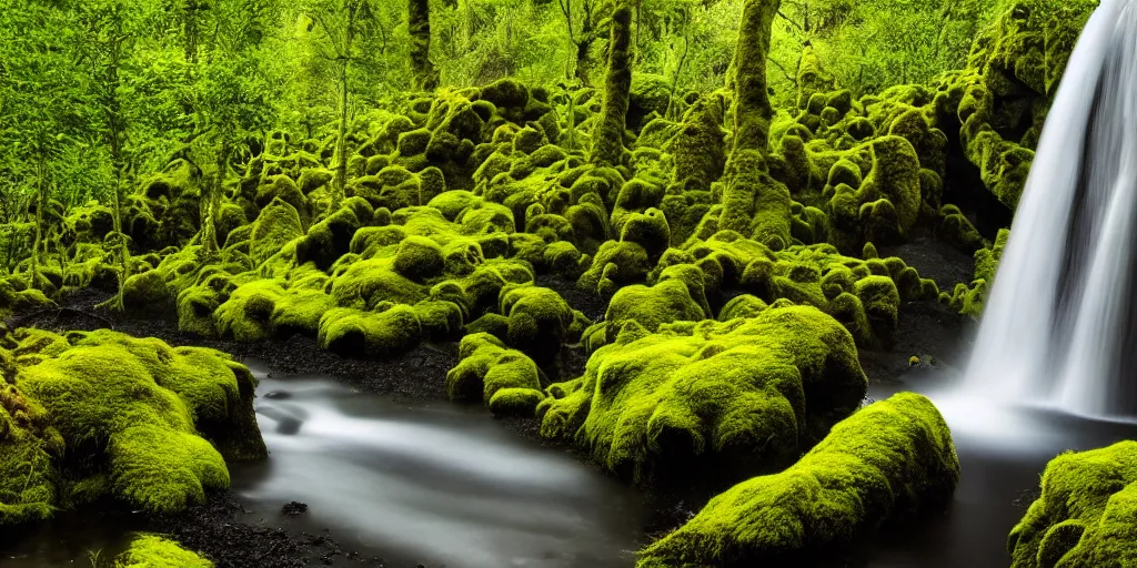 Image similar to photo of a landscape with lush forest, wallpaper, very very wide shot, iceland, new zeeland, green flush moss, national geographic, award landscape photography, professional landscape photography, waterfall, stream of water, big sharp rock, ancient forest, primordial, sunny, day time, beautiful