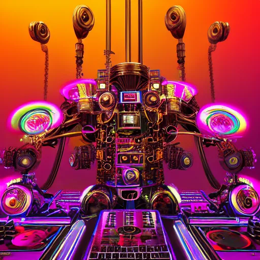 Prompt: album art for a trance dj, the album is called tripmachine, a huge steampunk mechanic machine with many gears and tubes and wires,, 8 k, fluorescent colors, halluzinogenic, multicolored, exaggerated detailed, front shot, 3 d render, octane