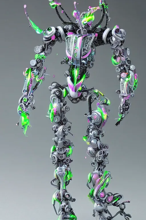 Image similar to a super huge bubbly super detailed anime figurine with fluo color detail, and muted arm colors, that looks like a intricate delicate robot, decorated by plastic synthetic ionized metal flower sculptures