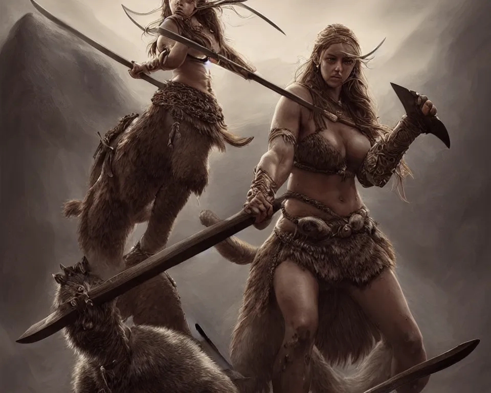 Prompt: gorgeous!! hyper - realistic single!!! woman resembling alicia vikander as a battle - worn viking warrior wielding a giant axe, accompanied by a dire wolf | intricate, highly detailed, digital painting, character design, character concept art | drawn by wlop, drawn by jeehyung lee, drawn by artgerm, drawn by peter kemp