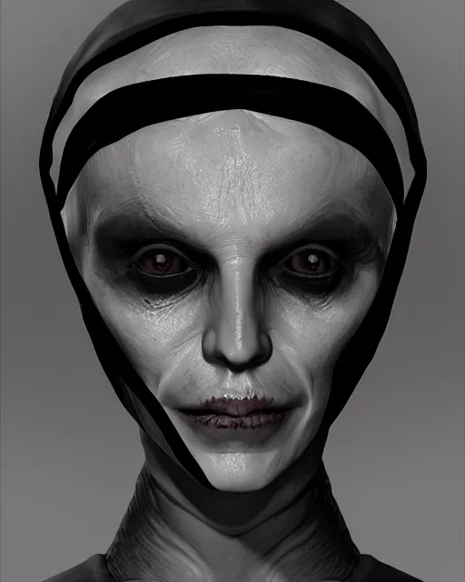 Image similar to headshot portrait of nightmare nun inspired by occult ritual, monstrous face, detailed, textured, realistic, unreal engine, cgsociety, cinematic lighting, concept art