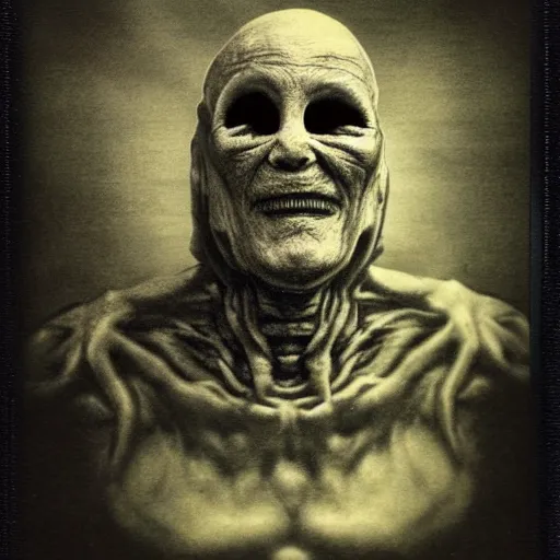 Image similar to portrait of the exiled god, polaroid photo, cosmic horror, photo realistic, lovecraft, flesh, nightmare, demon, old man, no eyes, hate, monster