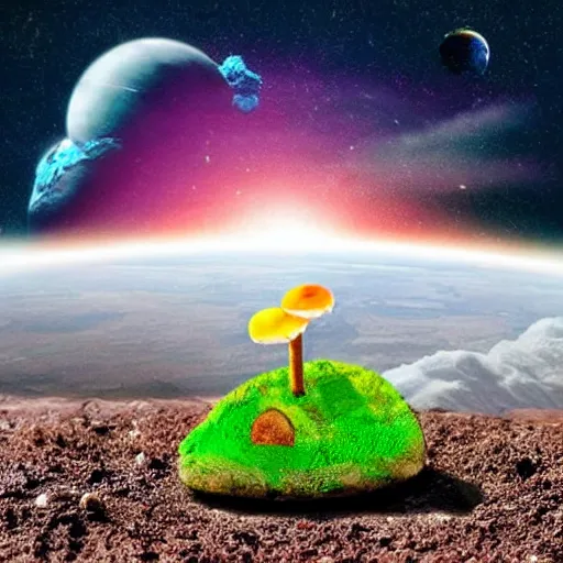 Prompt: a piece of dirt with grass on it centralized, an astronaut standing on that piece of dirt ramming a toadstool in the dirt, stars and planet earth in the background, on the edges of the pictures are colorful clouds