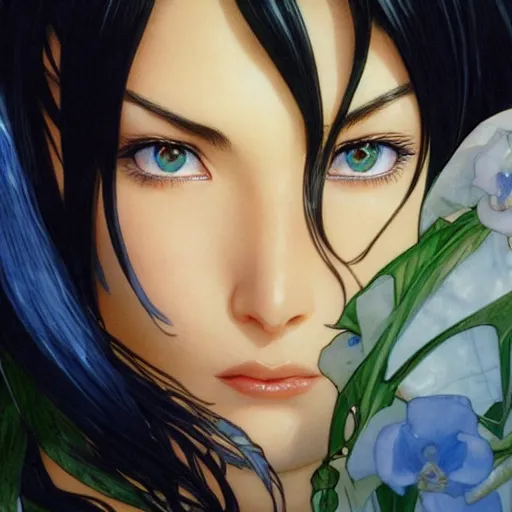 Prompt: highly detailed vfx portrait of nico robin by eiichiro oda, makoto shinkai, alphonse mucha, sharp focus, art by artgerm and greg rutkowski!, backlit, harsh overhead sunlight, blue eyes!!, aquiline nose!!, stanley kybric, kaoru mori, detailed,