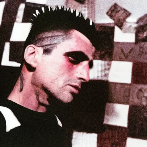 Image similar to punk rock, travis bickle has a mohawk, on a checkered floor, by francis bacon