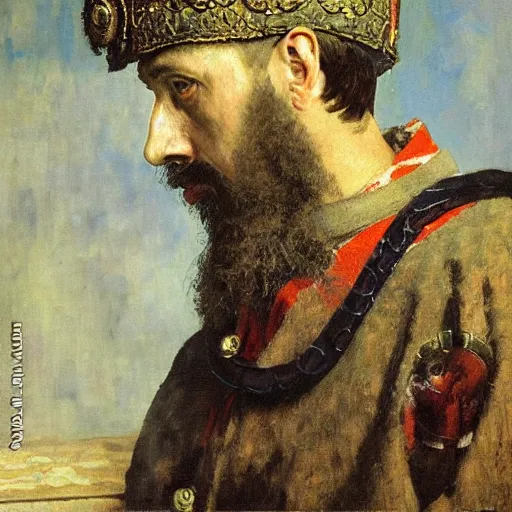 Prompt: portrait of Ivan the Terrible listening smartphone masterpiece painting by vasnetsov and surikov, JEAN-VICTOR BERTIN, by Terence Cuneo, detailed, artfully traced, 4k resolution, cinematic, dramatic