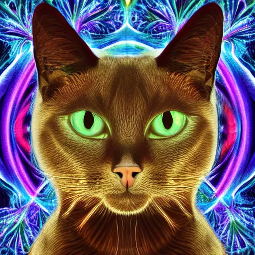 Prompt: aesthetic, large Siamese cat, detailed cat inside luminescent fractal 4k,