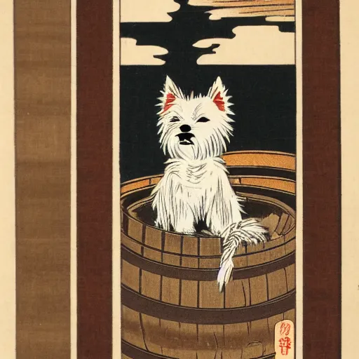 Image similar to Japanese woodblock print of a westie bottling wine next to a barrel