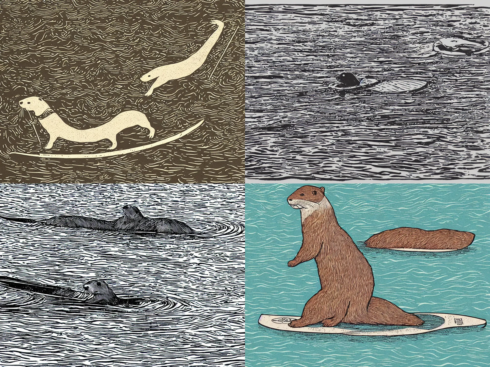 Prompt: wood cut print of an otter paddling a stand up paddle board