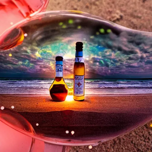 Prompt: a universe inside of a bottle on the beach, hyper detailed, photorealostic